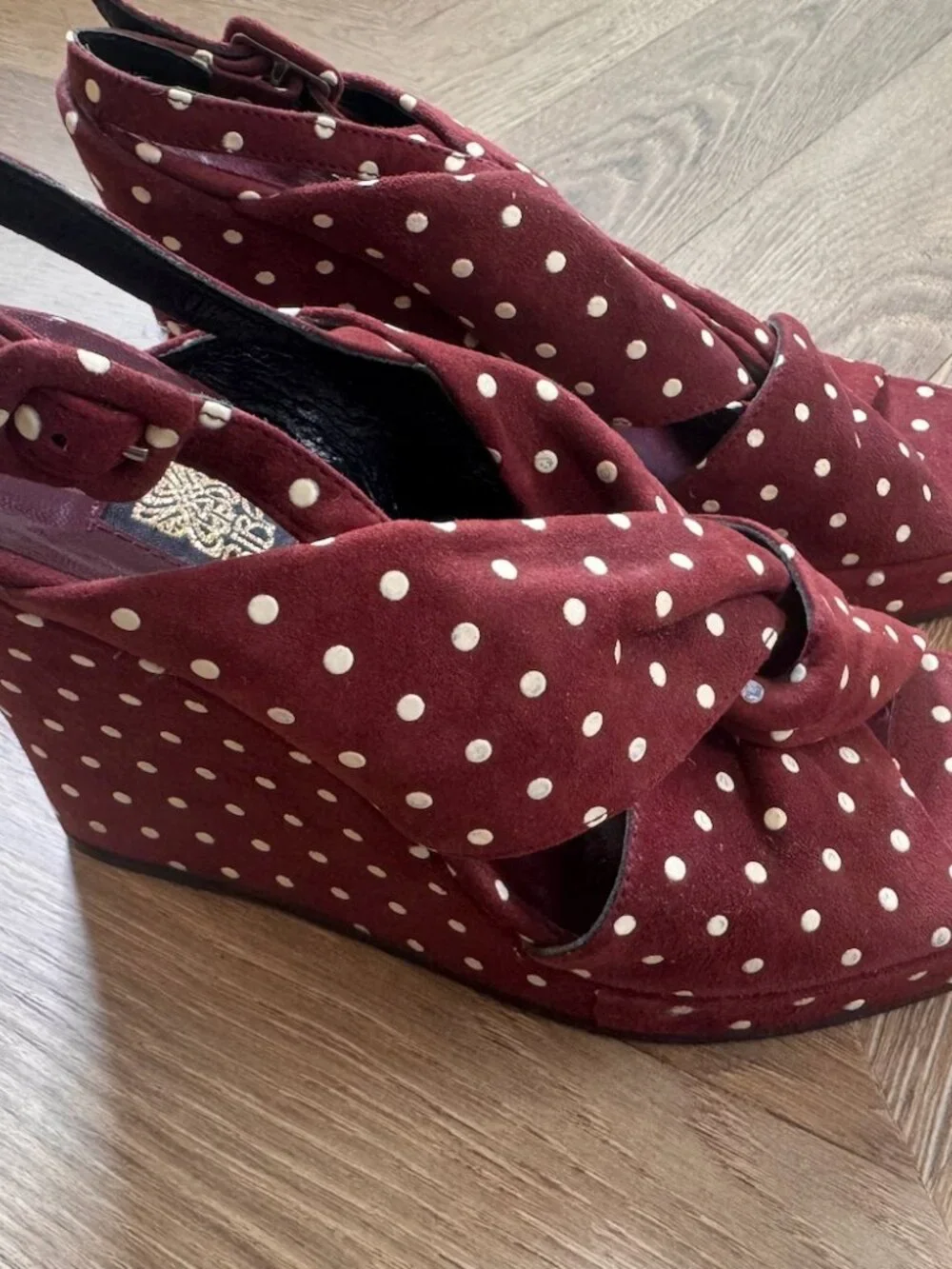 Biba Vintage Platform Wedge Sandals Burgundy Polka Dot 37